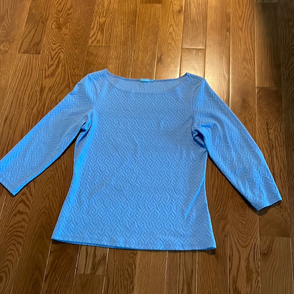 J McLaughlin blue Honeycomb jacquard top in Catalina cloth.